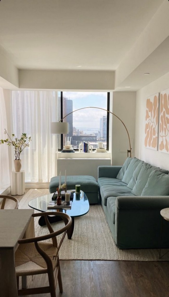 Gray-blue couch and neutral colors