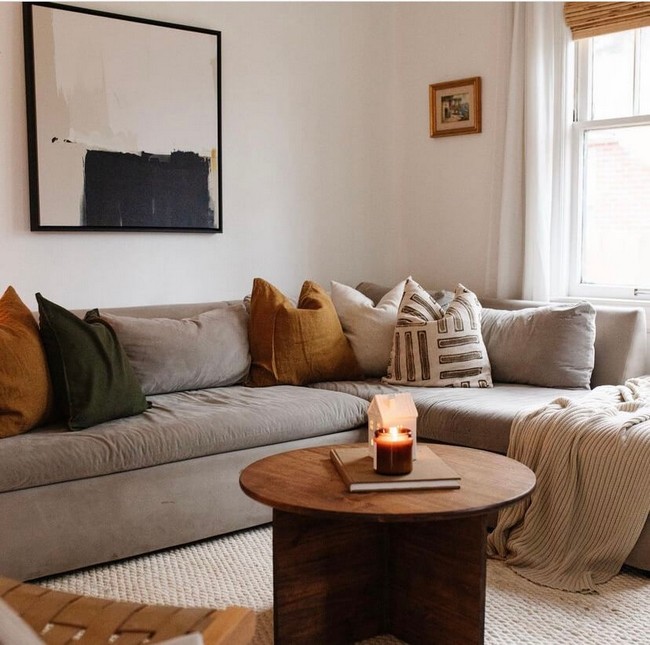 Living room with earthy colors like brown and green