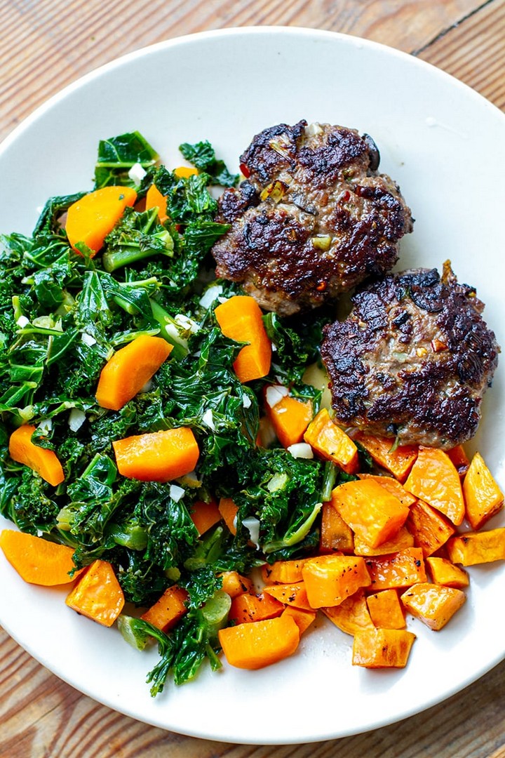 Homemade Beef Burgers With Garlic Kale & Sweet Potatoes