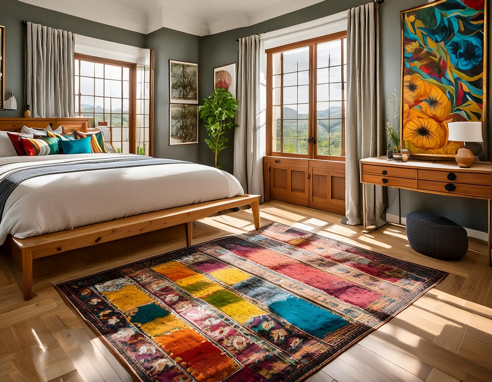 Apartment Decorating with Adding a Colorful Rug and ornament to the bedroom