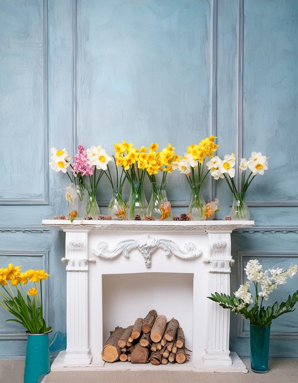A Mantel Full of Tulips and Daffodils