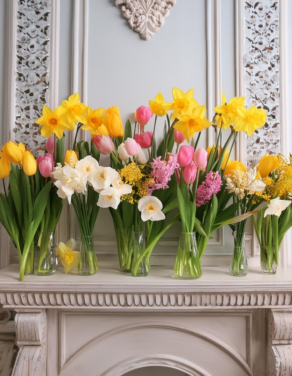 A Mantel Full of Tulips and Daffodils