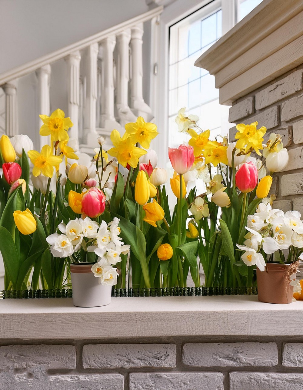 A Mantel Full of Tulips and Daffodils
