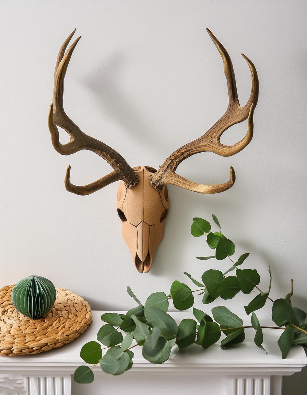 Spring Mantel Decorating with Antlers and Eucalyptus Leaves