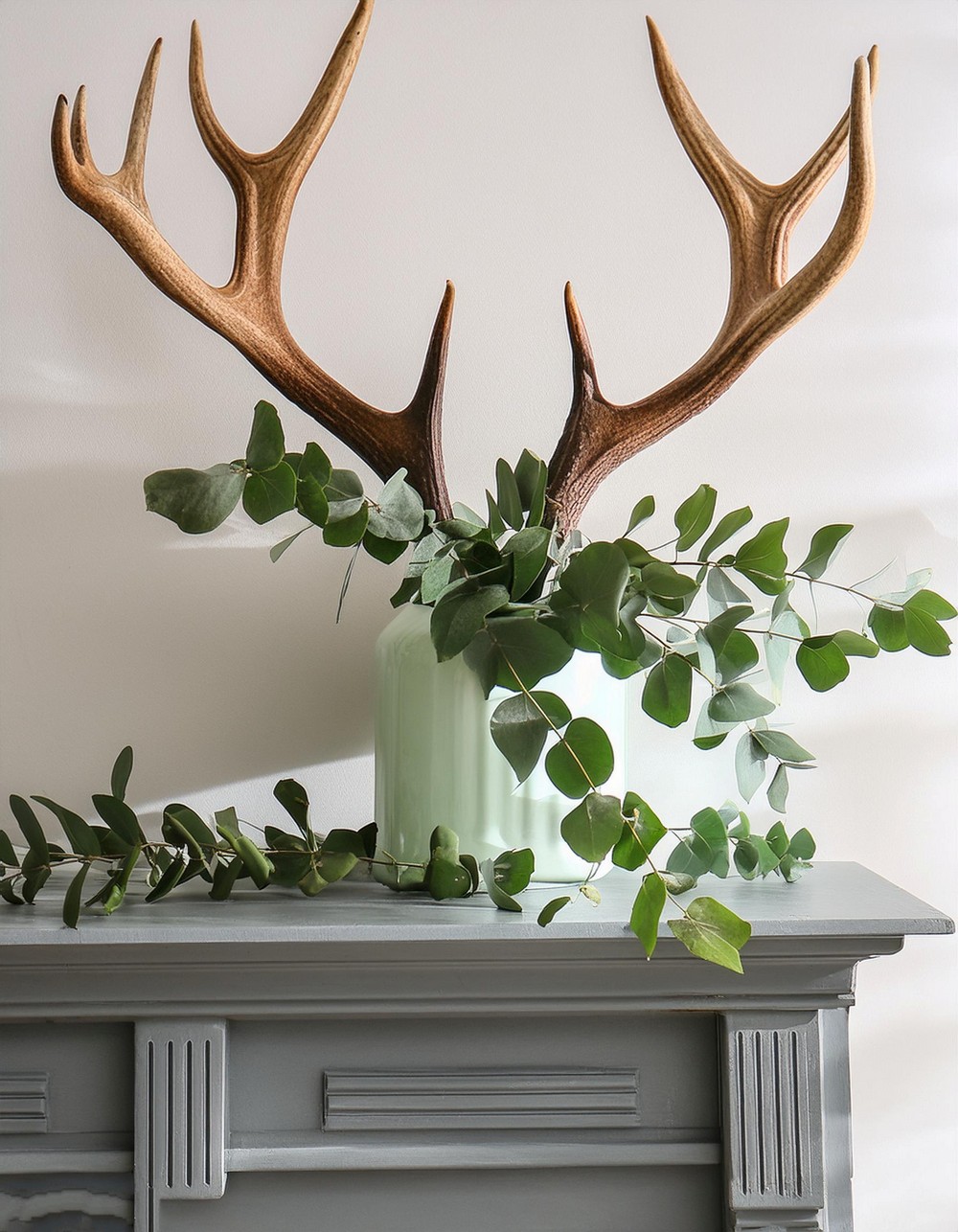Spring Mantel Decorating with Antlers and Eucalyptus Leaves