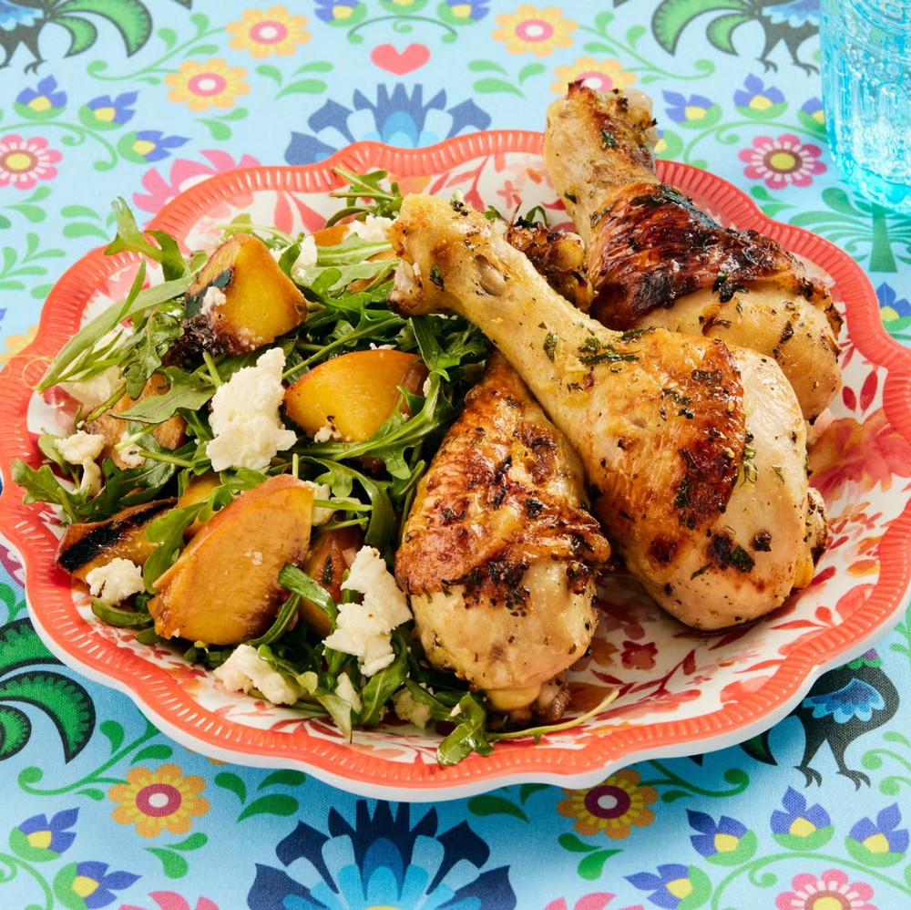 Chicken Drumsticks with Grilled Peach Salad