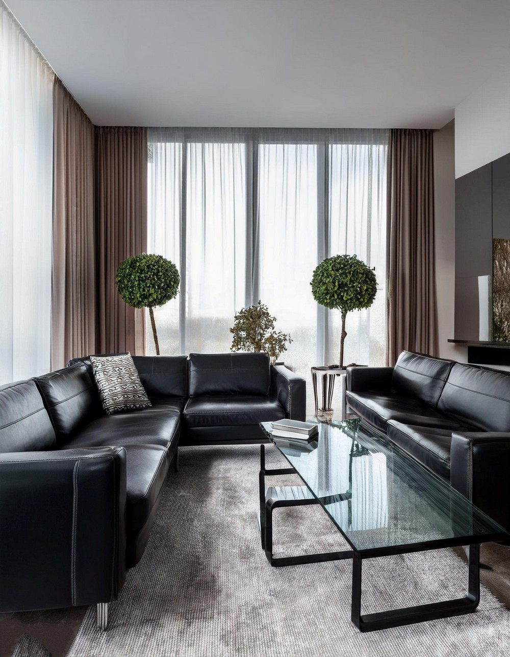 Black Leather Sofas And Glass Tables