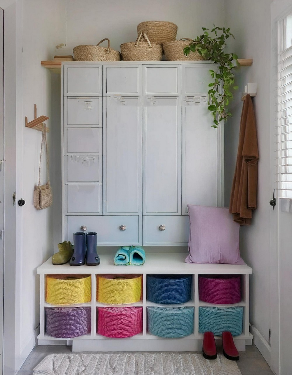 Modern Mudroom with Colorful Basket Cabinetry
