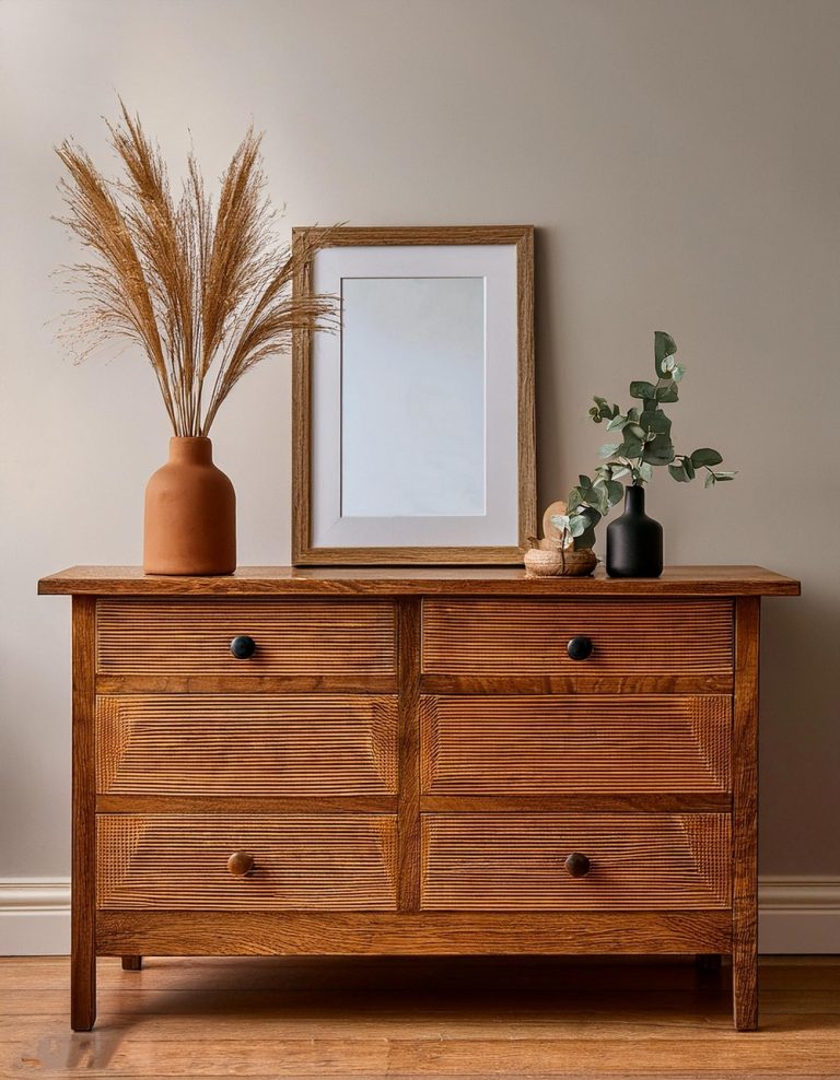 Oakwood Dresser With Picture Frame Decor