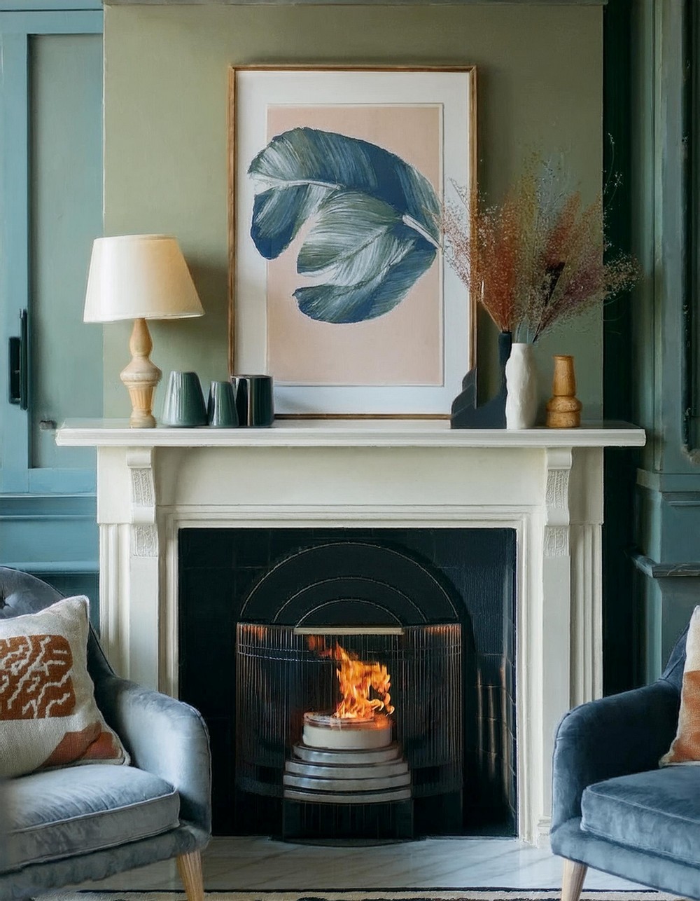 Plant and Lamp Mantel Decor