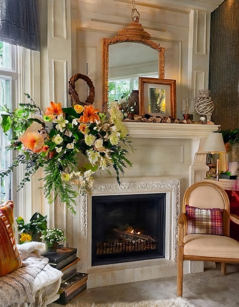 Spring Garland Mantel Fireplace