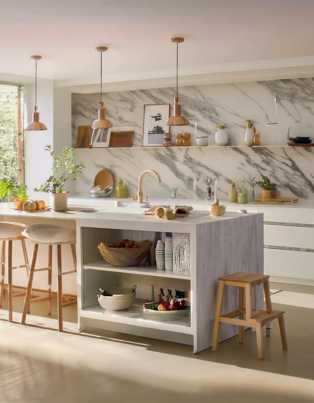 Striking Marble Balanced By Warm Wood